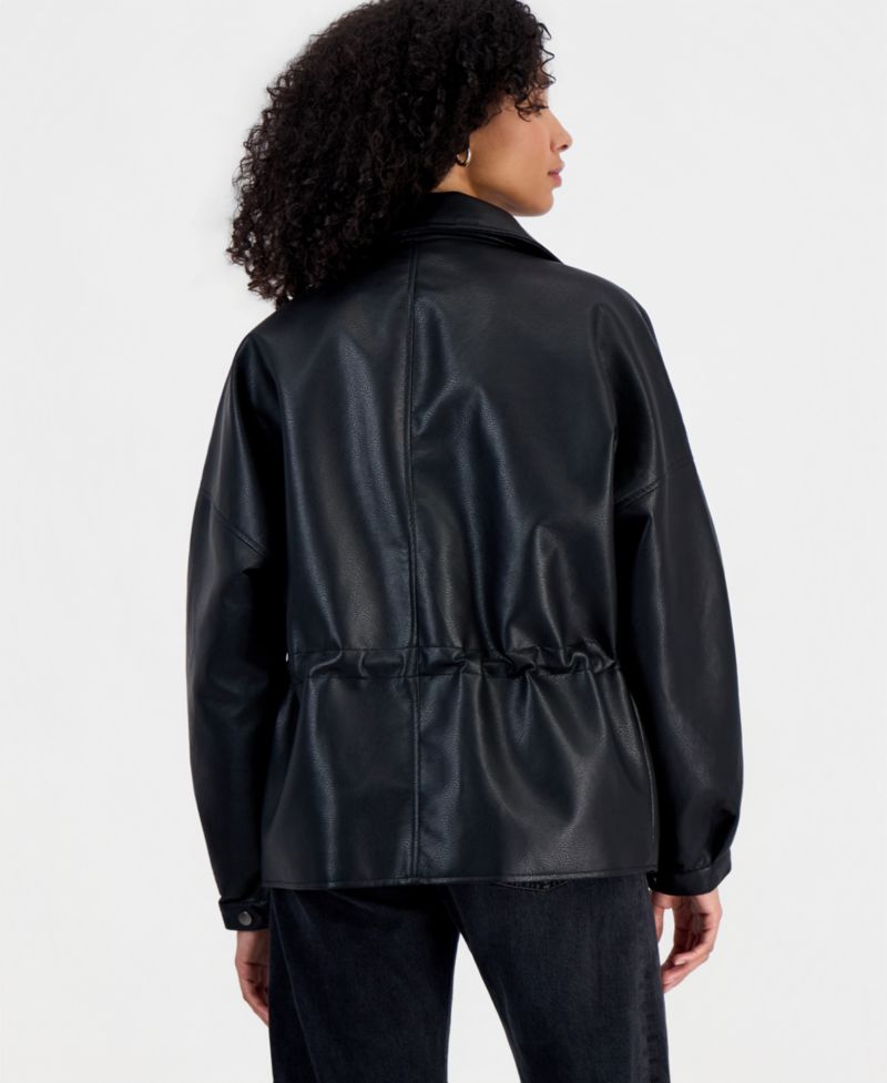 Women's Peplum Oversized Funnel-Neck Faux Leather Jacket