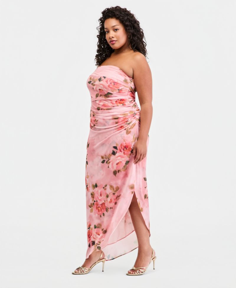 Trendy Plus Size Floral Print Strapless Maxi Dress