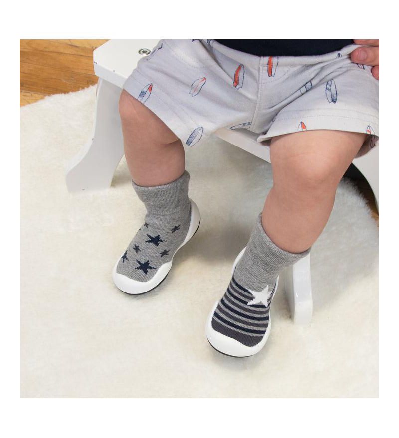 Infant Girl Boy First Walk Sock Shoes Stars & Stripes - Grey