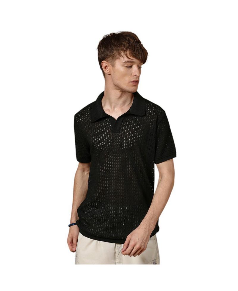 Men's Raven Black Textured-Knit Polo T-Shirt