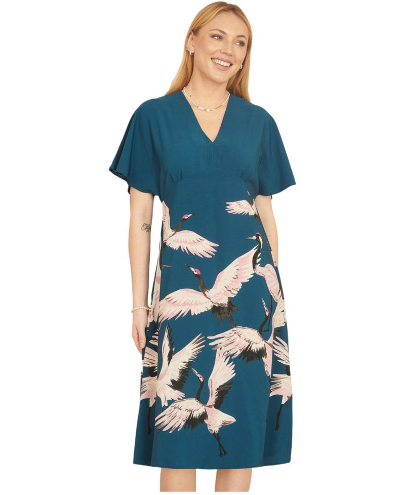Women's Crane Print Kimono Midi Dress