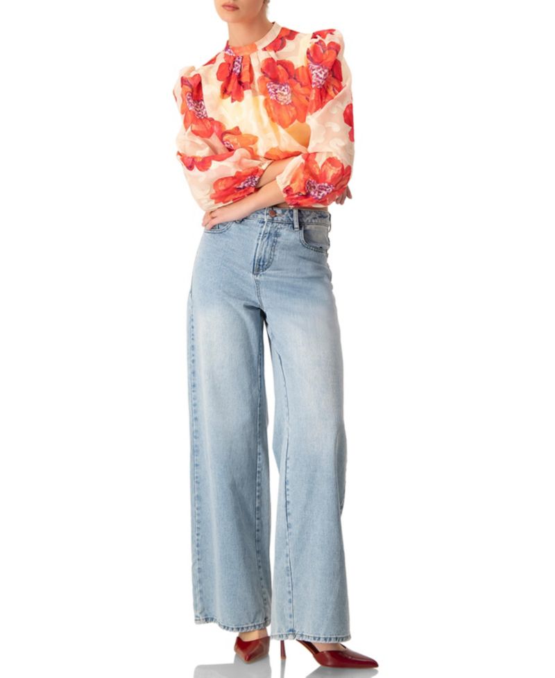 Women's Shimmering Printed Blouse with Pleated Round Neck