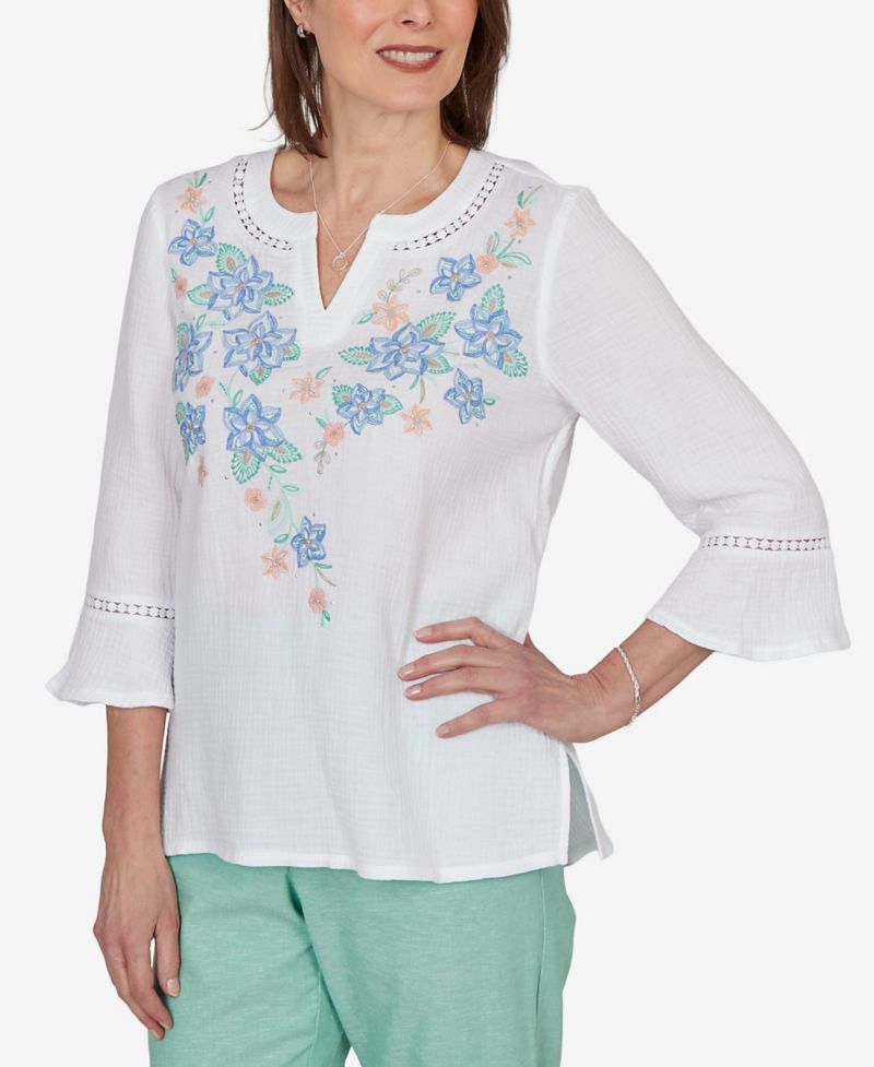 Women's Caribbean Blues Tropical Floral Split Neck Embroidered Top