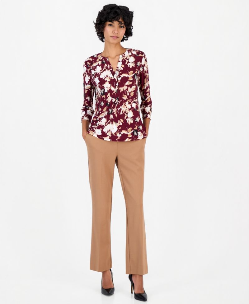 Petite V-Neck 3/4-Sleeve Floral-Print Henley