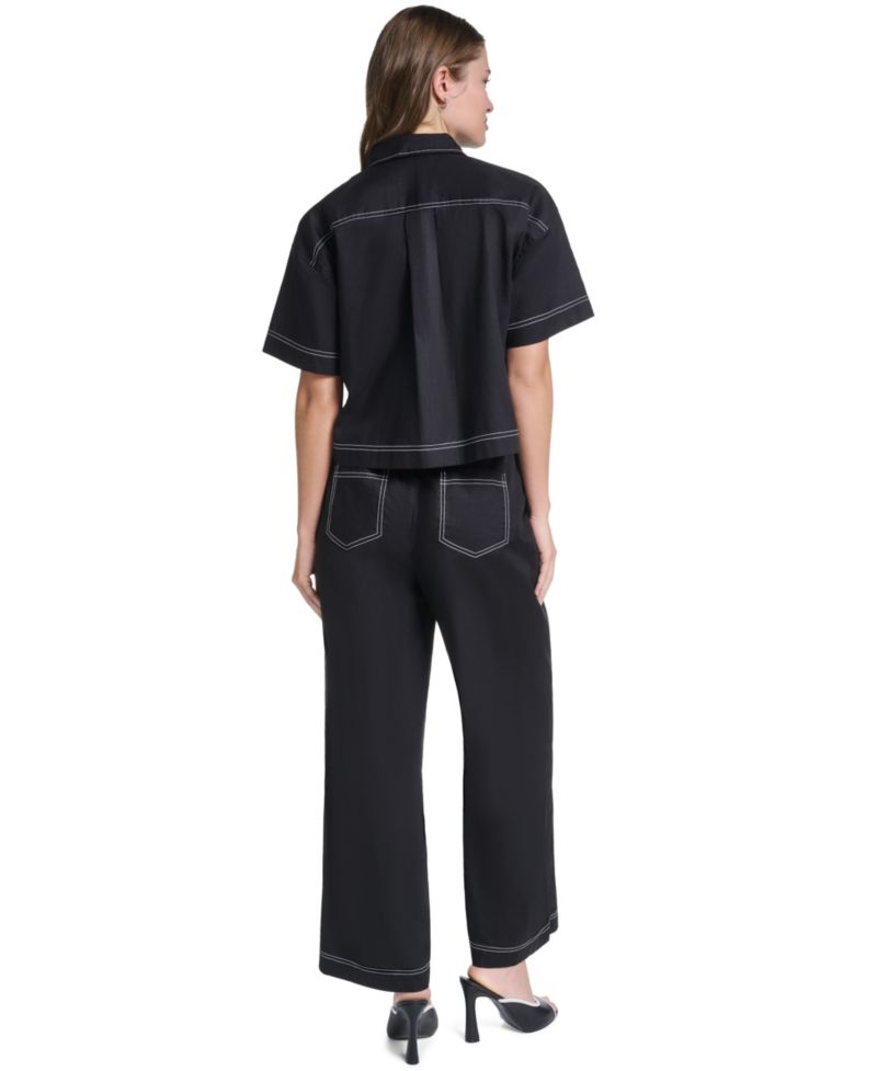 Women's Cropped Poplin Button-Front Blouse