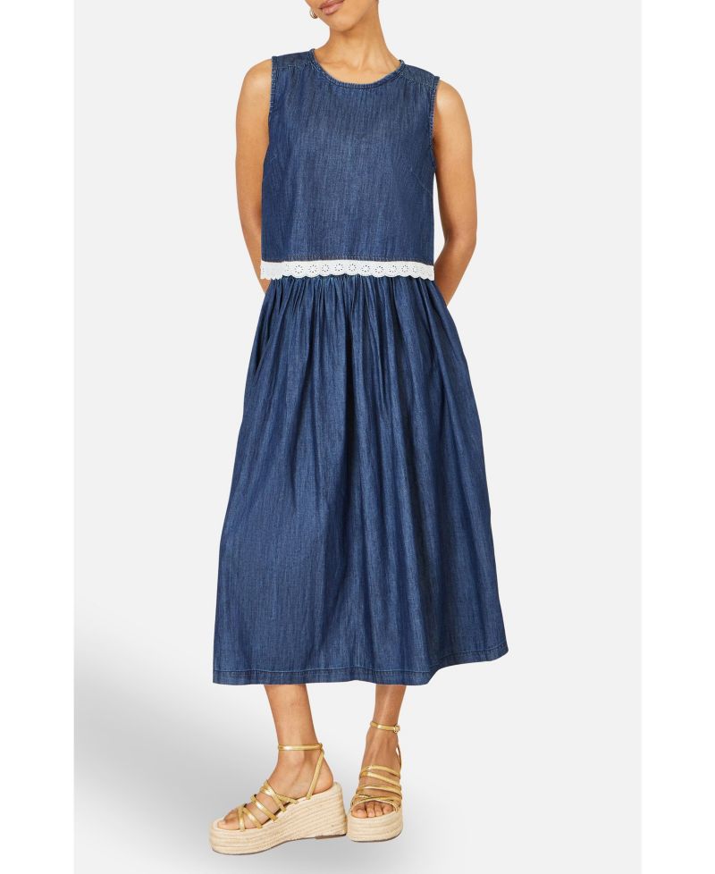 Women's Denim Chambray Gathered Midi Skirt