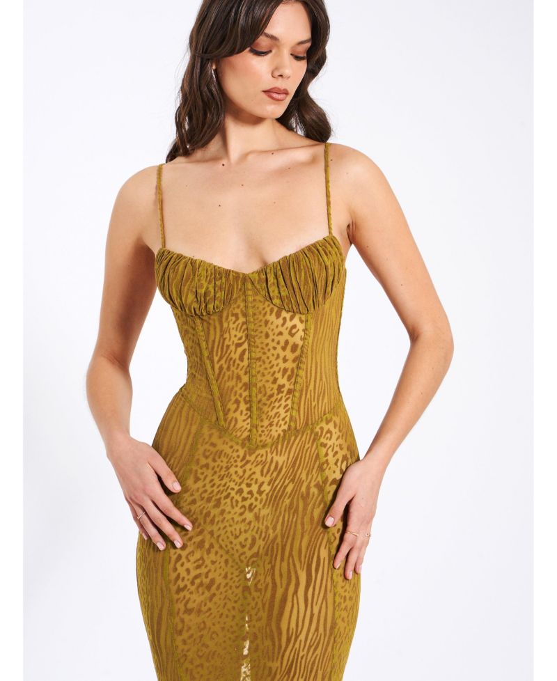 Women's Ulani Gold Burnout Velvet Detail Mesh Maxi Dress