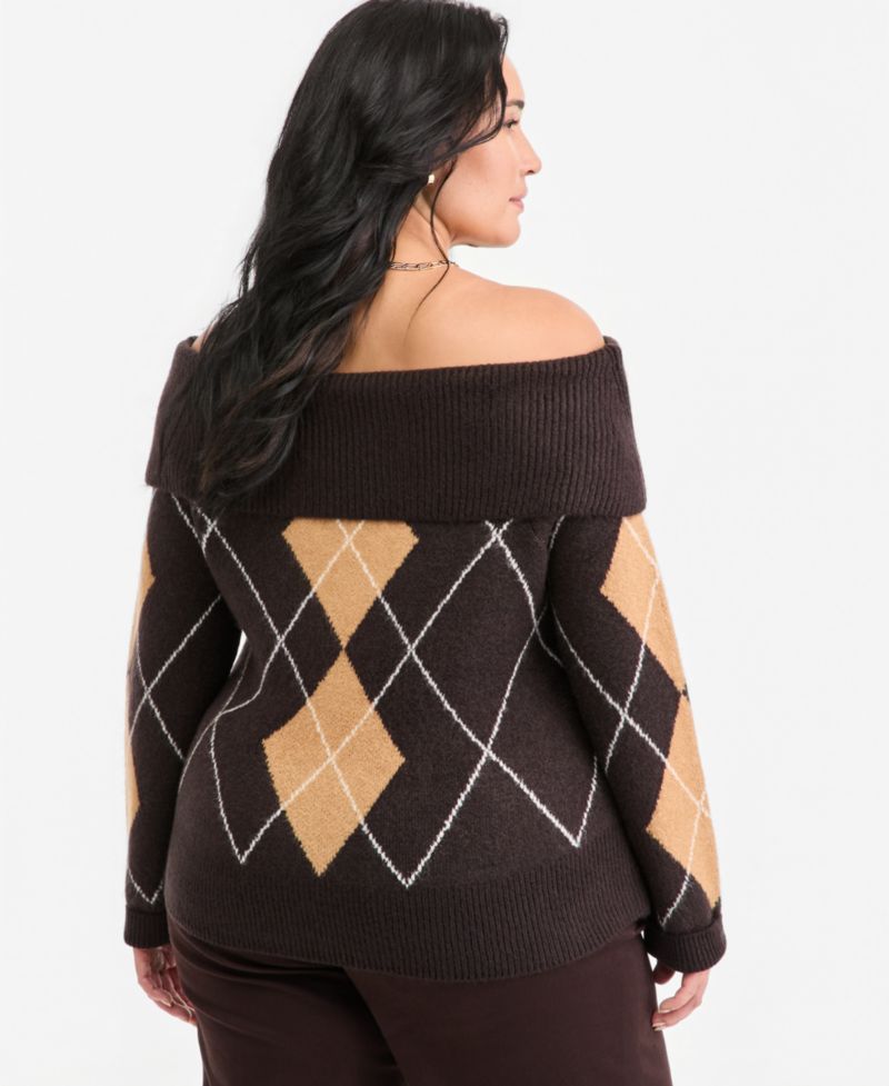 Plus Size Off-the-Shoulder Argyle Sweater