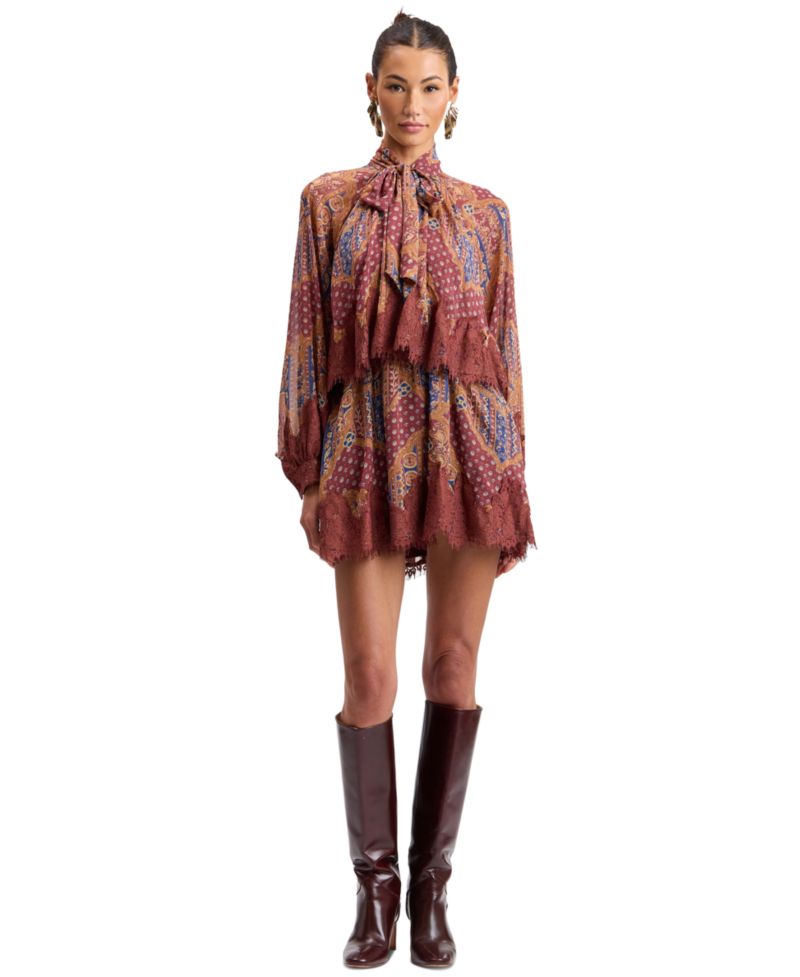 Women's Tie-Neck Long-Sleeve Tiered Mini Dress