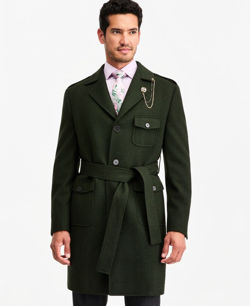 Men's Classic-Fit Green Herringbone Overcoat