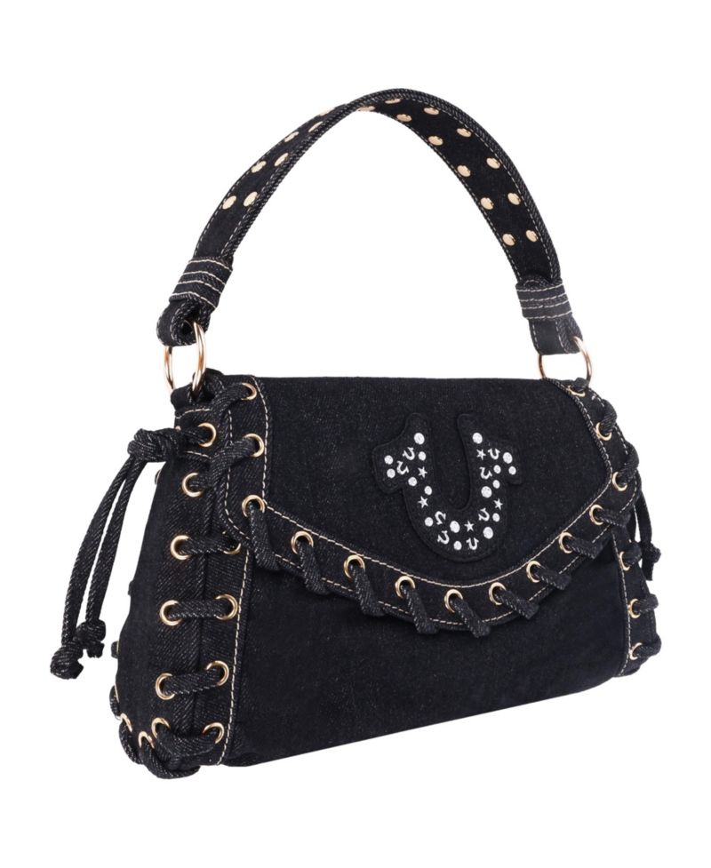 Studded Horseshoe Eyelet Denim Flap Bag
