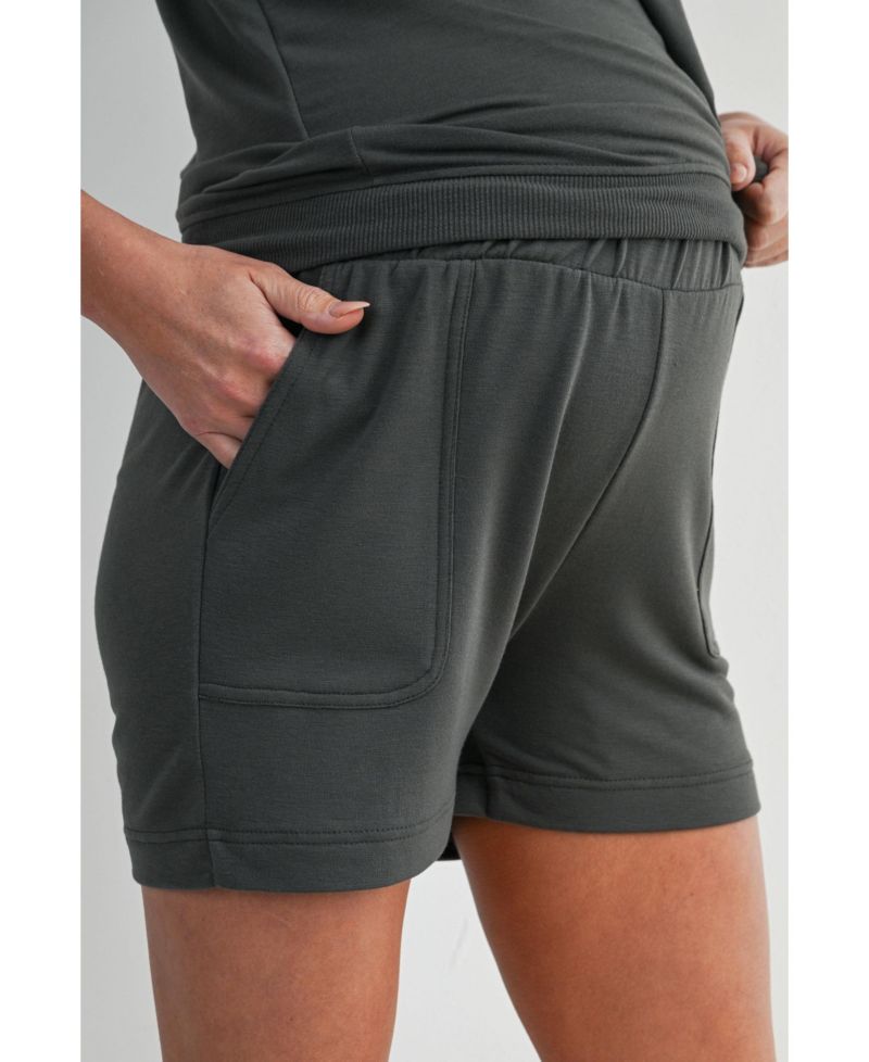 Maternity French Terry Lounge Set - Puff Sleeve Top and Shorts with Pockets