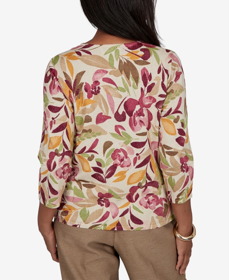 Petite Union Square Painterly Floral-Print 3/4-Sleeve Sweater