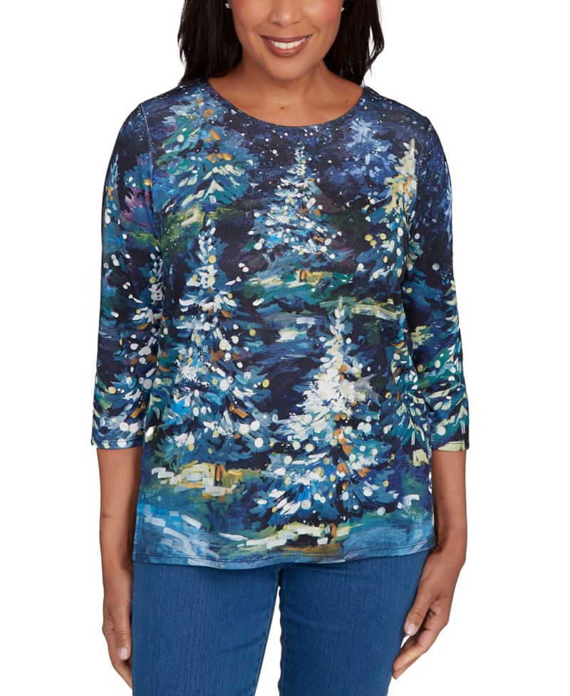 Petite Starry Christmas Tree Scene 3/4-Sleeve Top