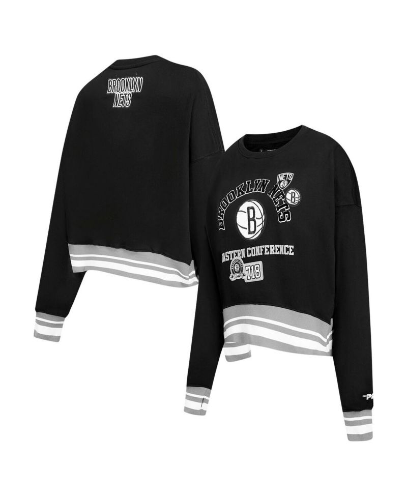 Women's Black Brooklyn Nets Area Code Cropped Pullover Sweatshirt