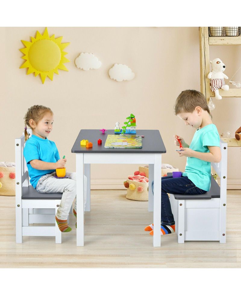 4 Pieces Kids Wooden Activity Table and Chairs Set with Storage Bench and Study Desk