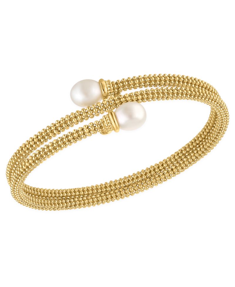 Cultured Freshwater Pearl (7.5-8mm) Bypass Coil Bangle Bracelet in 14k Gold over Sterling Silver