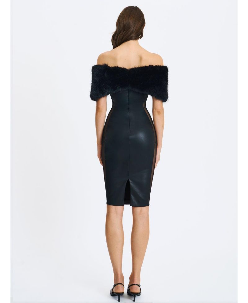 Women Bellis Black Fur Trim Mesh Panel Off-Shoulder Midi Dress