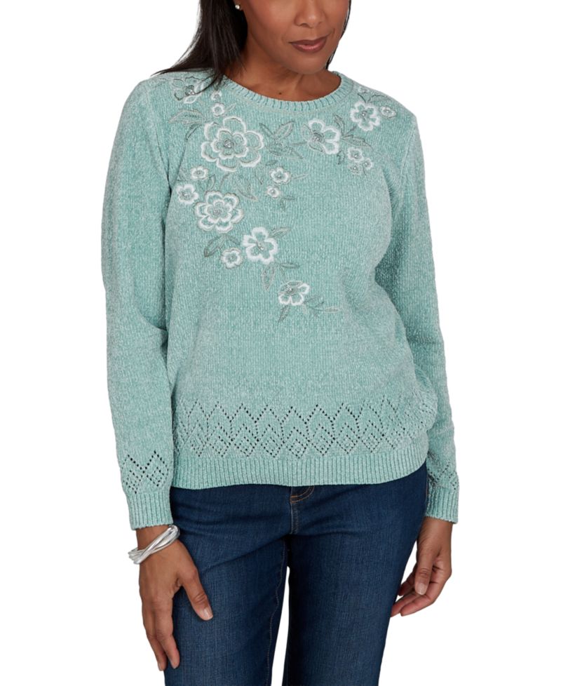 Women's Classic Embroidered Floral Textured Chenille Sweater