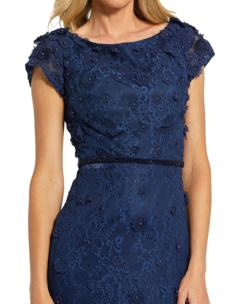 Women's Floral Applique Boat Neck Short Sleeve Gown