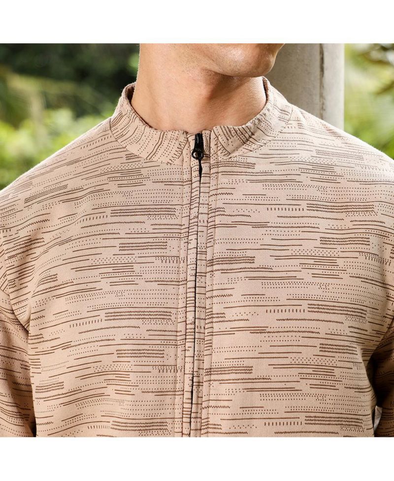 Men's Sand Beige Lined-Jacquard Bomber Jacket