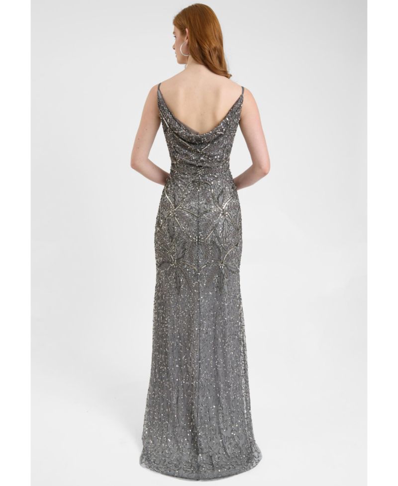 Women's Embellished Sequin Beaded Maxi Dress With Cowl Neck