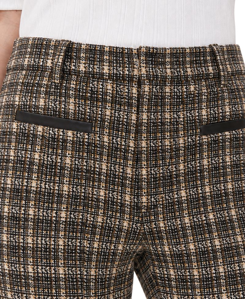 Petite Faux-Leather Trim Plaid Straight-Leg Trousers