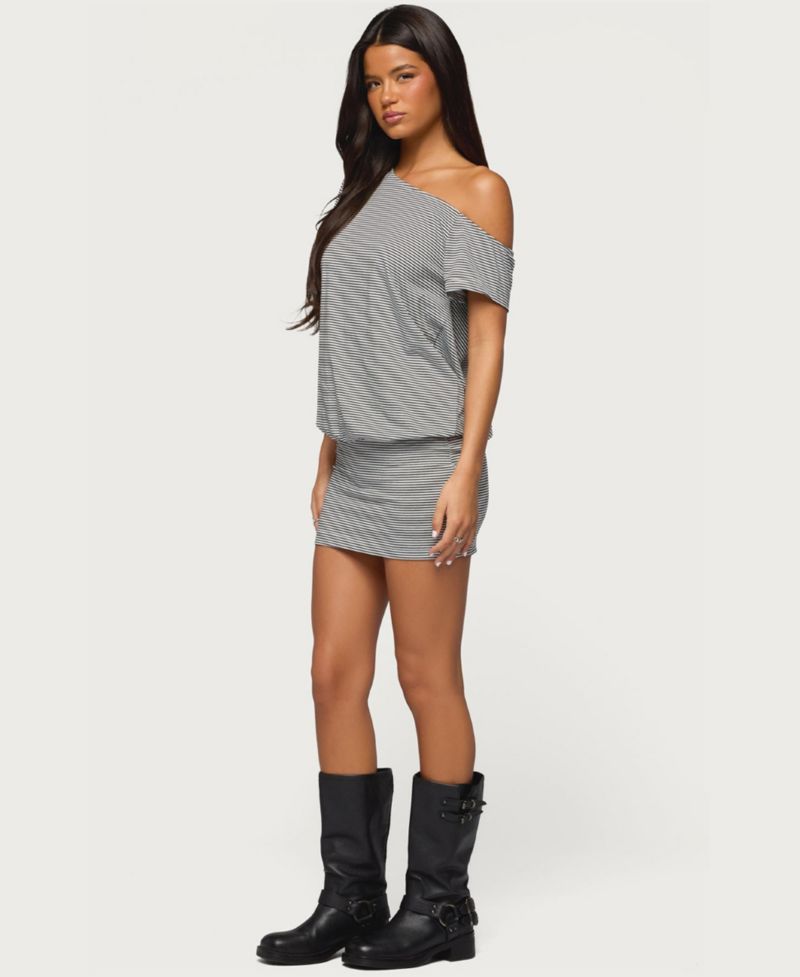 Women's Striped Off Shoulder Cutout Mini Dress
