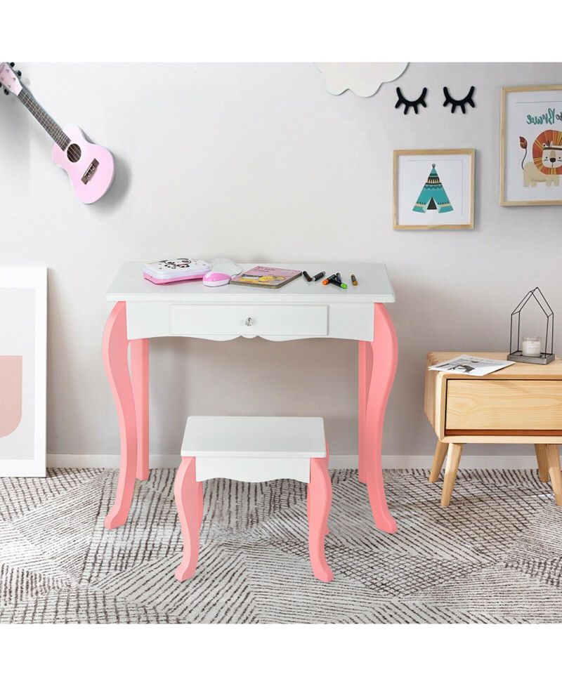 Kids Vanity Princess Makeup Dressing Table Stool Set with Mirror and Drawer