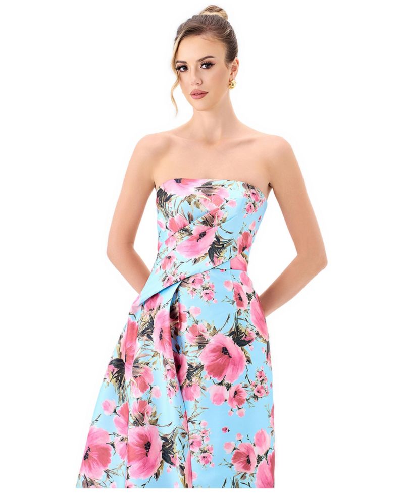 Women's Zia Strapless Floral-Print Asymmetric-Pleated Gown