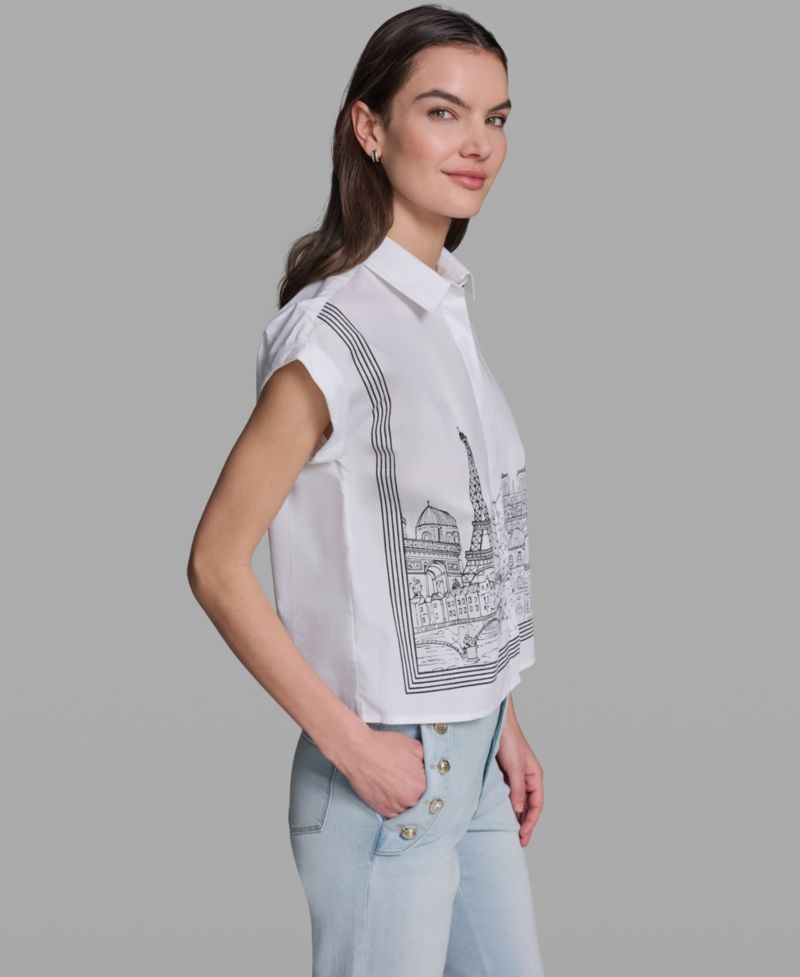 Petite Bow Scenic Poplin Collared Shirt