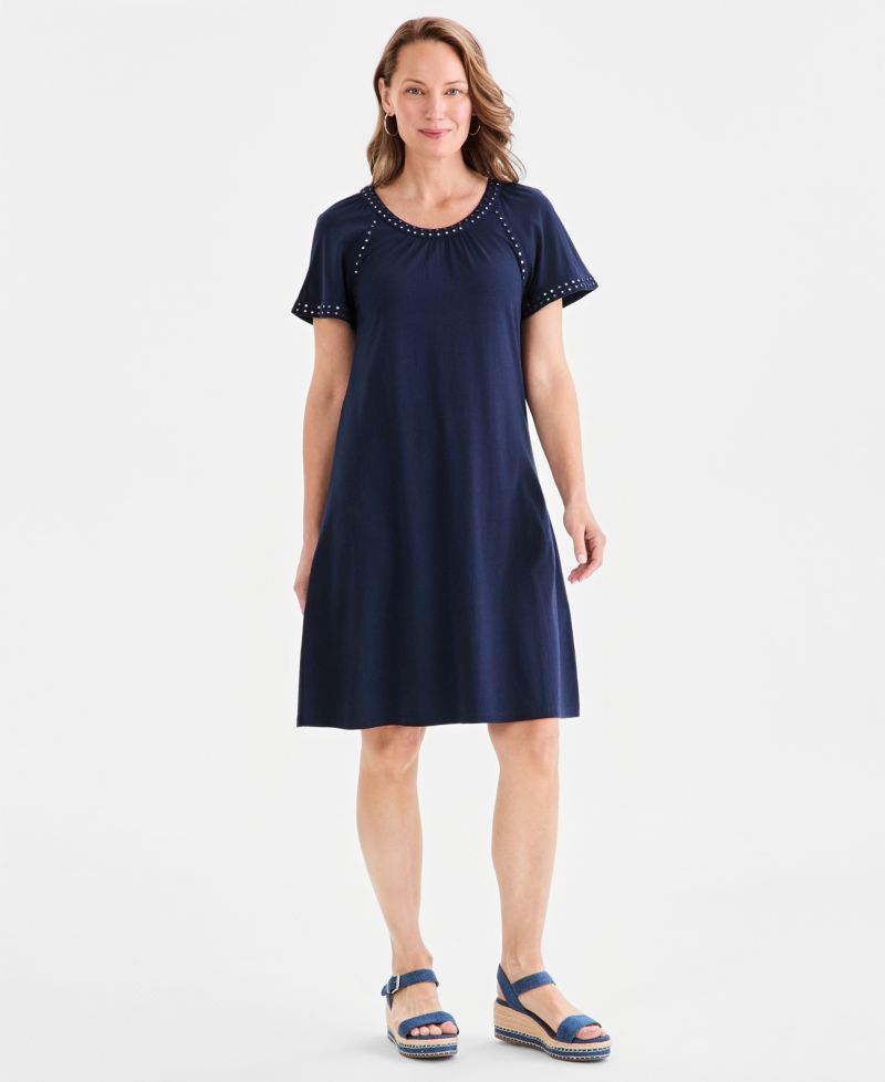 Petite Mirror-Trim Raglan-Sleeve Swing Dress