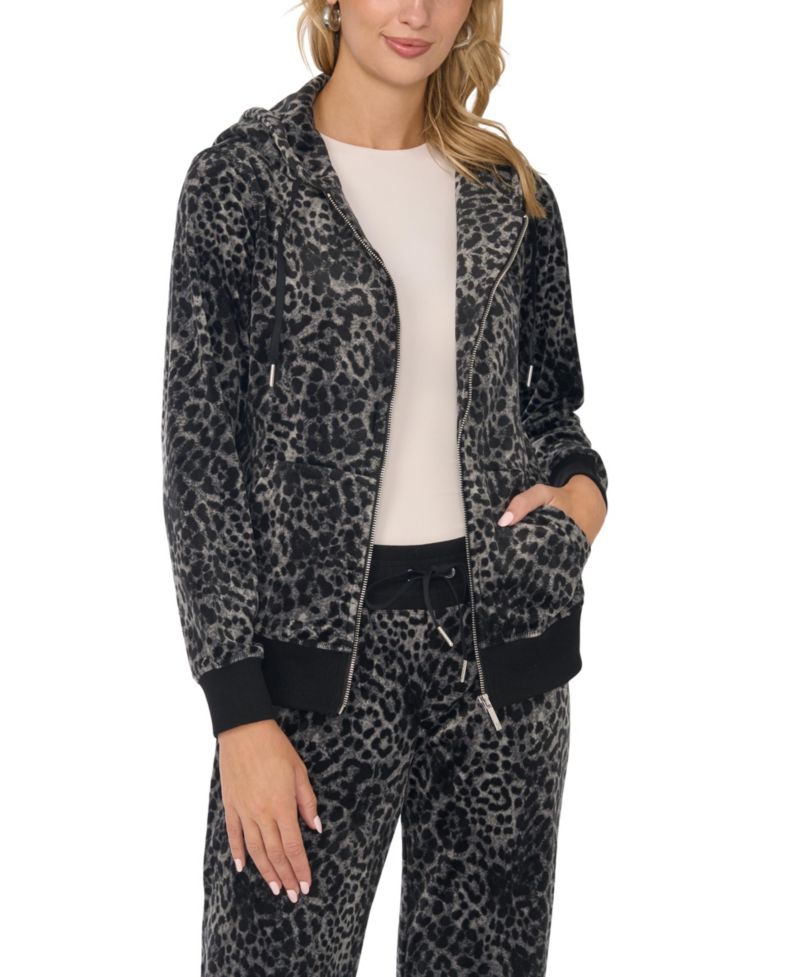 Women's Velour Animal-Print Zip-Front Hoodie Jacket