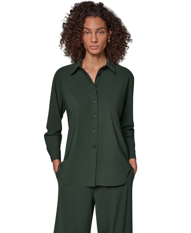 Women's Long-Sleeve Button-Front 4-Way Stretch-Knit Top