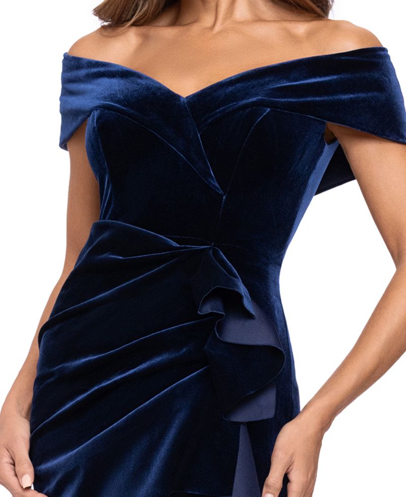 Petite Ruffled Off-The-Shoulder Velvet Gown