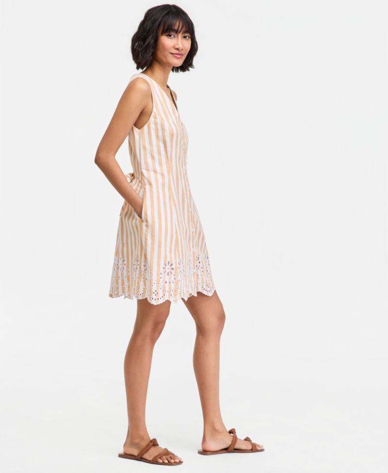 Women's Striped Linen Blend Embroidered Button-Front Mini Dress