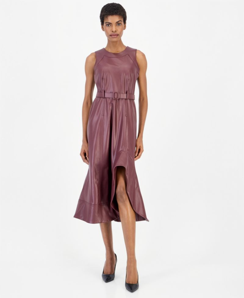 Women's Faux Leather Asymmetrical A-Line Dress