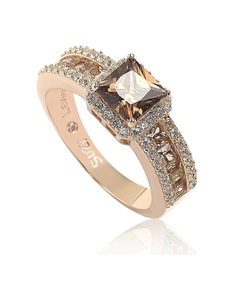 Suzy Levian Sterling Silver Cubic Zirconia Asscher Cut Brown Center Stone Ring