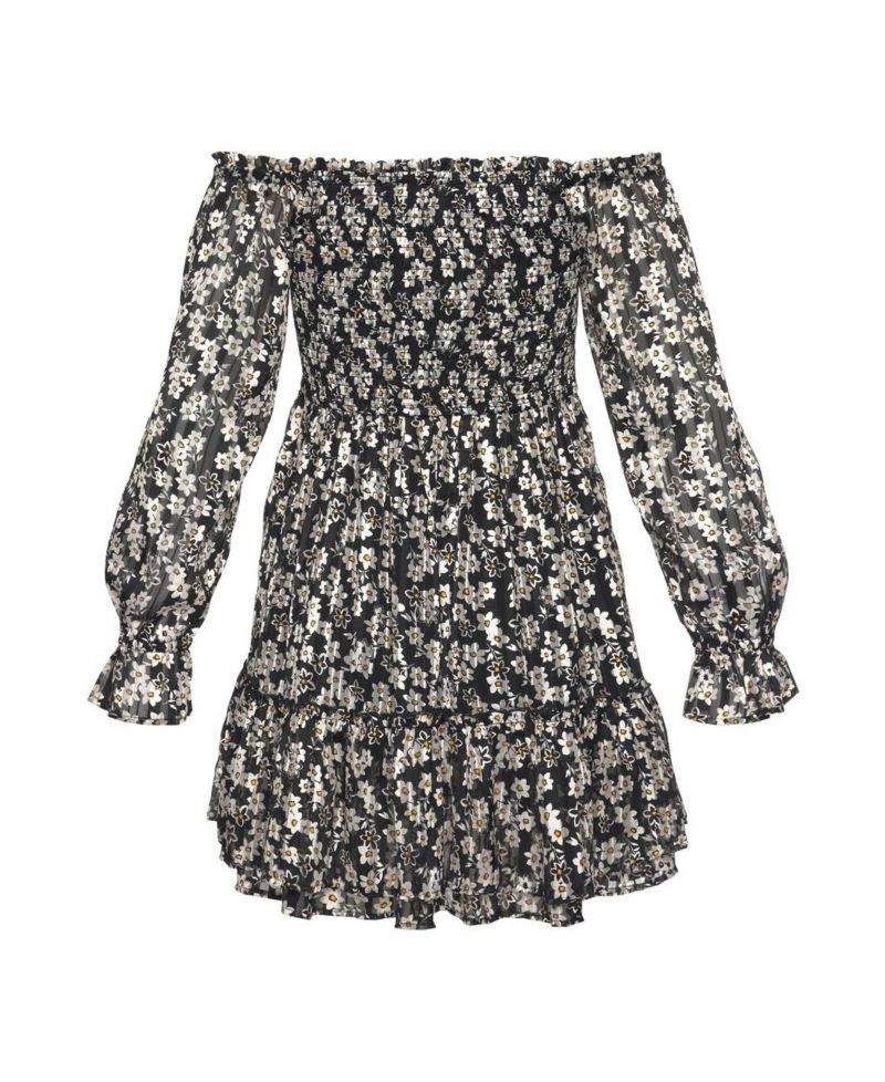 Women's Floral Print Off Shoulder Lace Ruffle-Trim Short Dress
