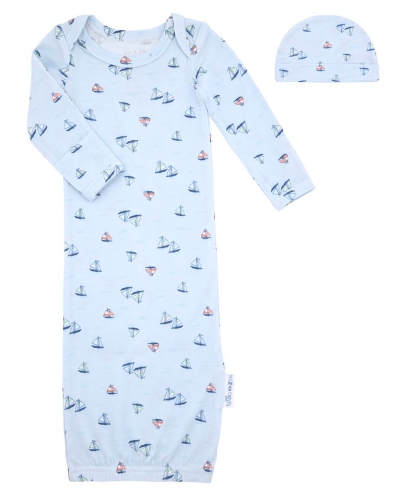 Baby Boys' Sail Boat Round Neck Gown and Hat, 2-Piece Set