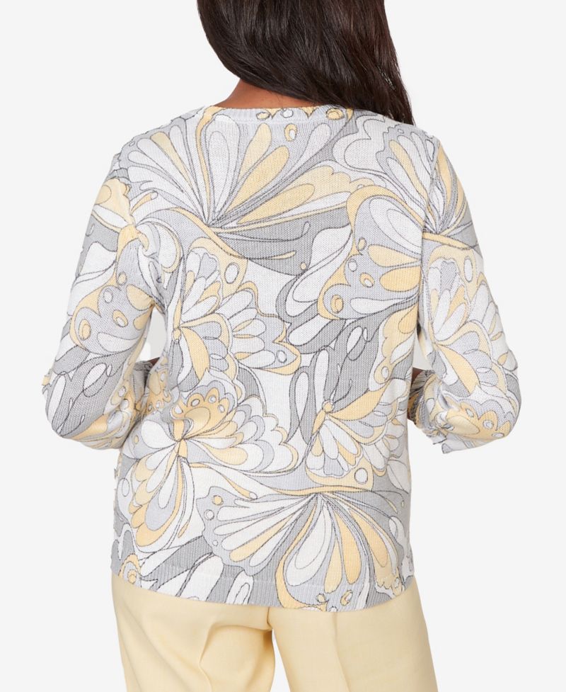 Petite Al Fresco Abstract Butterfly Ribbed Crew Neck Sweater