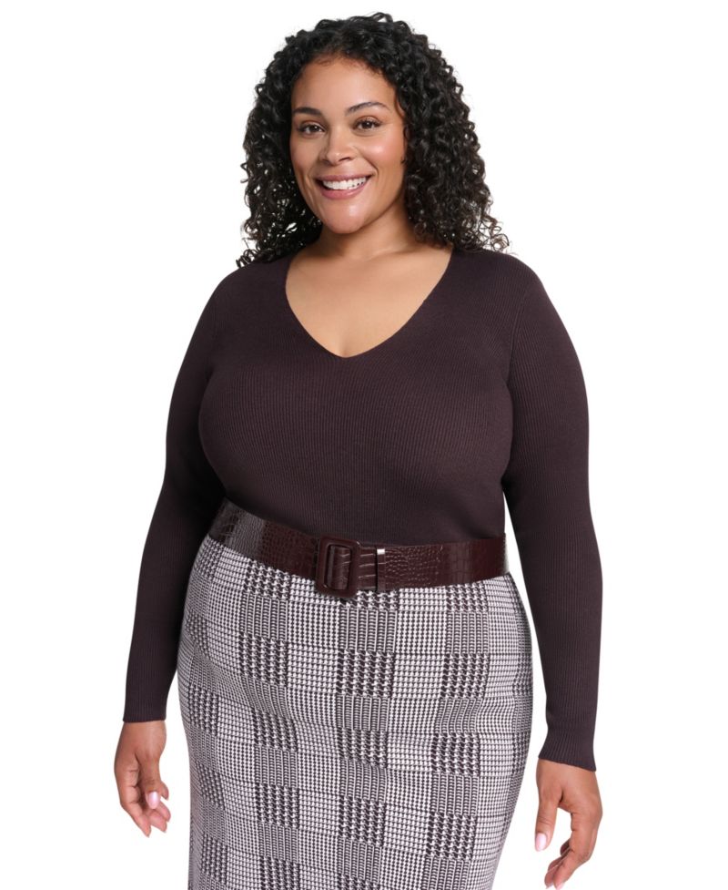 Plus Size Houndstooth-Plaid V-Neck Long-Sleeve Dress