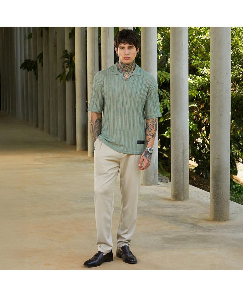 Men's Sage Green Duo-Striped Relaxed Polo T-Shirt