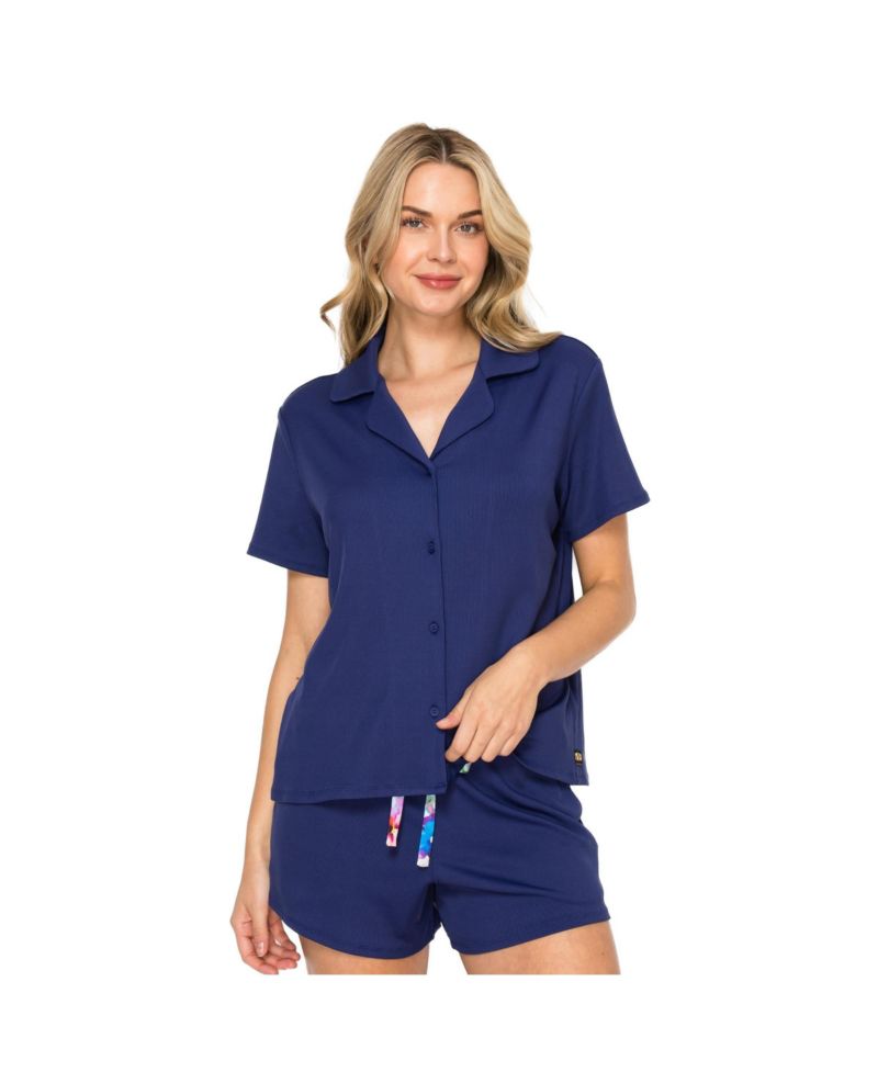 Women's Yummy Ribbed Jersey-Knit Notch Collar Button-Up Top and Shorts Pajama Set
