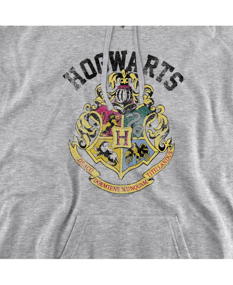 Men's Distressed-Graphic Hogwarts Crest Classic-Fit Pullover Hoodie