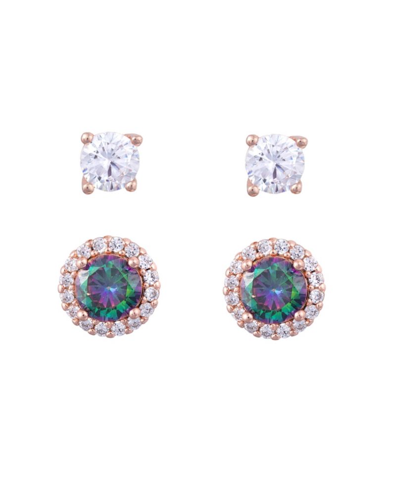Rose Gold Over Sterling Silver 4mm Cubic Zirconia and 5mm Mystic Halo Stud Earring Set