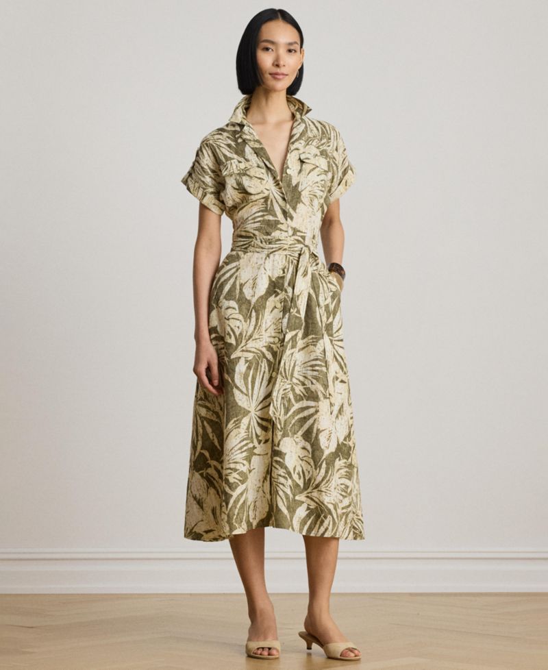 Women's Palm-Frond-Print Camp Collar Shirt-Dress