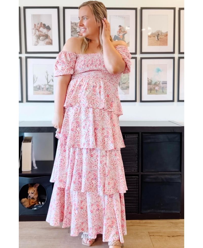 Women's Pink Floral Square Neck Ruffle Layered Maxi Dress