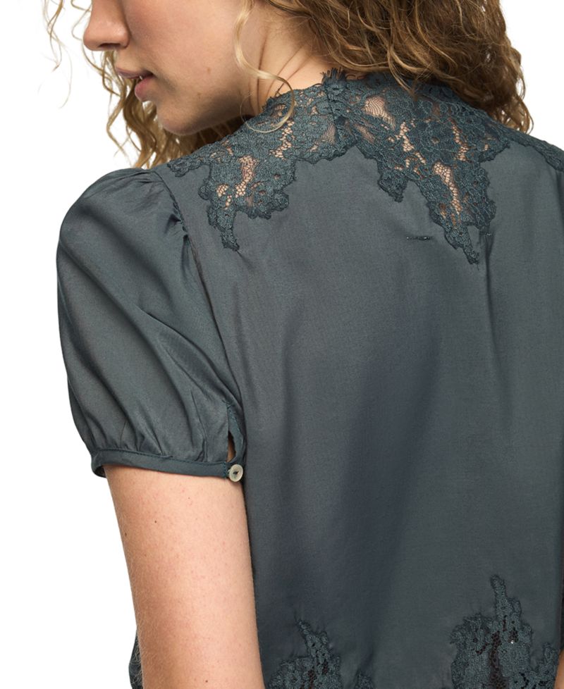 Women's Lace Trim Tie Front Flyaway Top