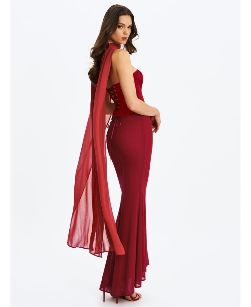 Women's Giselle Crimson Peplum Mermaid Gown with Chiffon Scarf